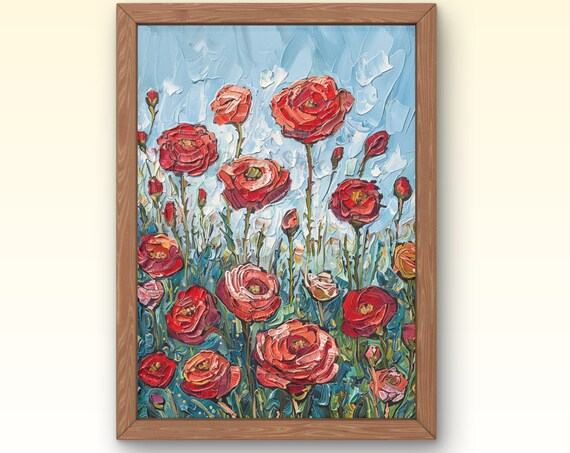 Red Ranunculus Blooms Blue Sky Impasto Textured Floral Painting Art Poster