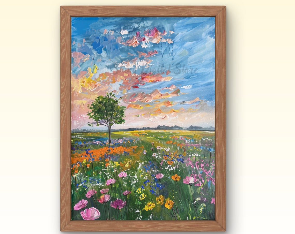 Lone Tree Wildflower Field Dramatic Sunset Sky Summer Landscape Poster