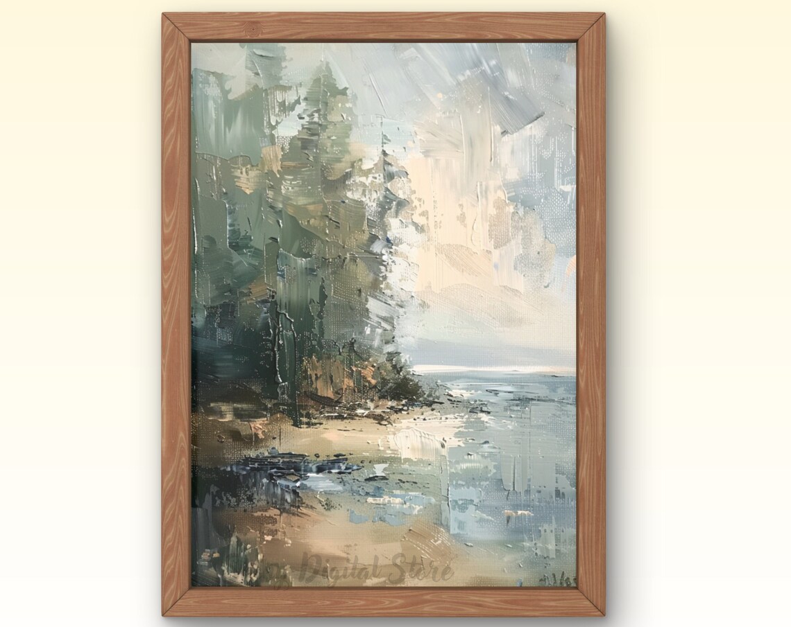 Abstract Muted Coastal Shoreline Oil Painting Neutral Beach Poster