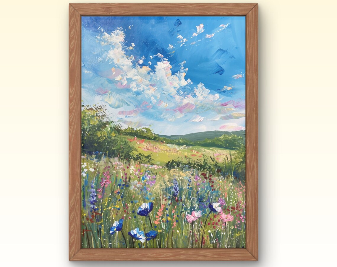 Wildflower Meadow Cornflower Daisies Bright Blue Sky Summer Art Poster