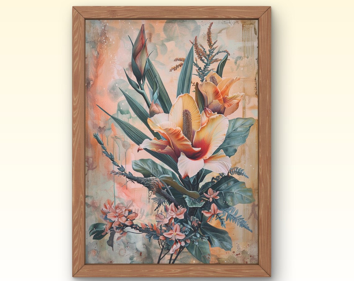 Exotic Cream Blossom Pink Flowers Peach Vintage Botanical Art Poster