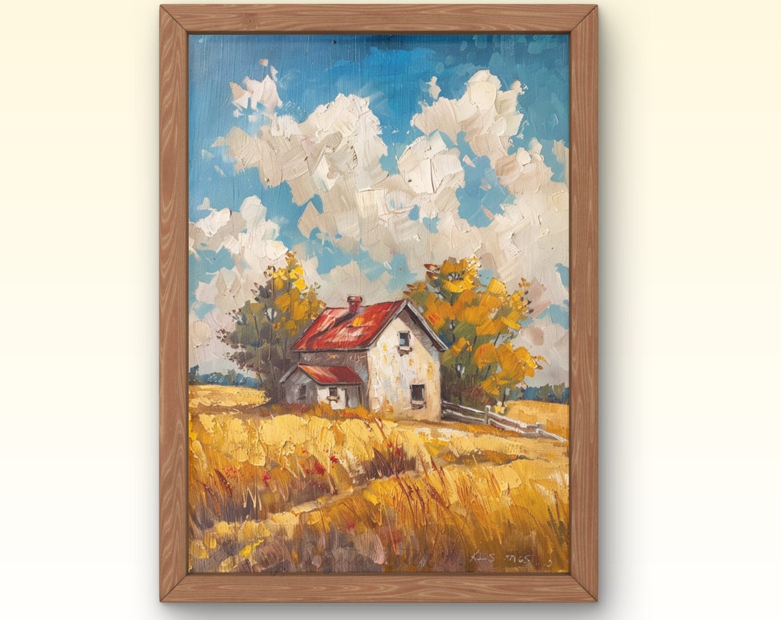 Summer Field Landscape Oil Painting Vintage Farm House Field Landscape Oil Painting Wall Art