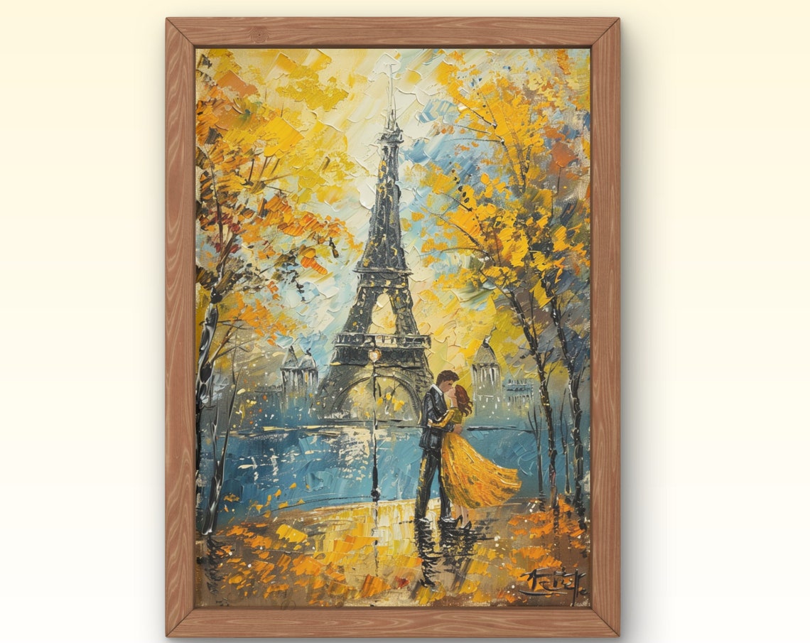 Paris Eiffel Tower Romantic Couple Autumn Gold Impressionist Wall Art