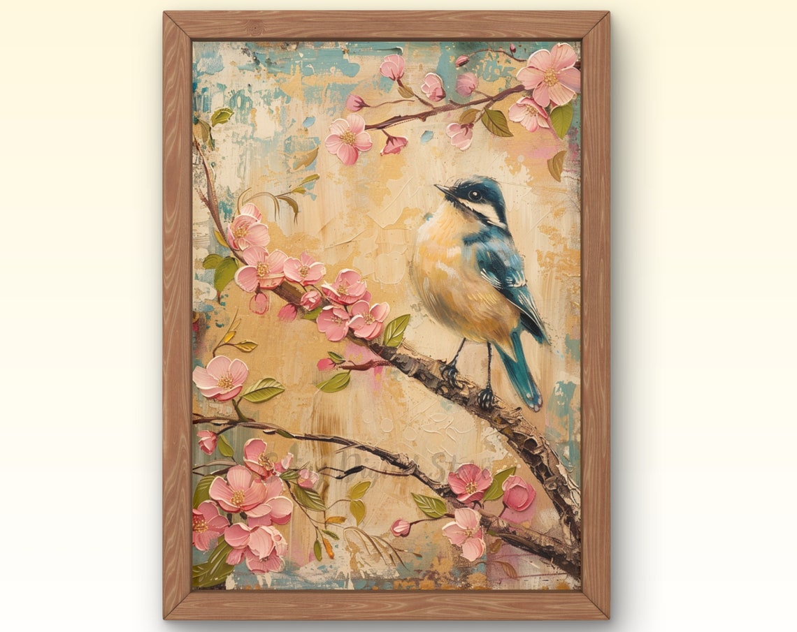 Blue Songbird on Cherry Blossom Branch Vintage Spring Nature Wall Art