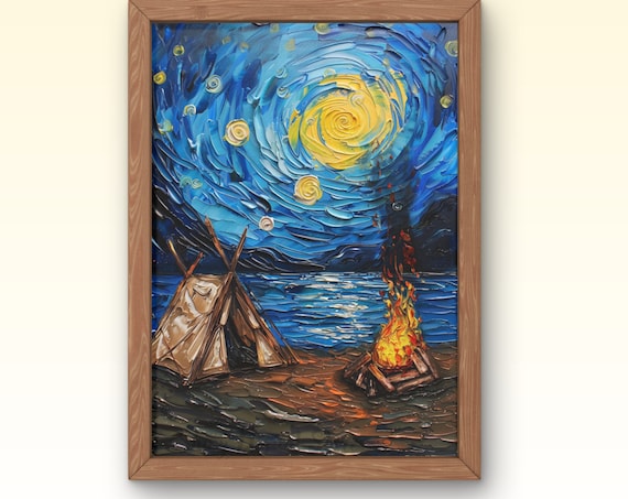 Starry Night Lakeside Camp Bonfire Tent Van Gogh Style Blue Wall Art