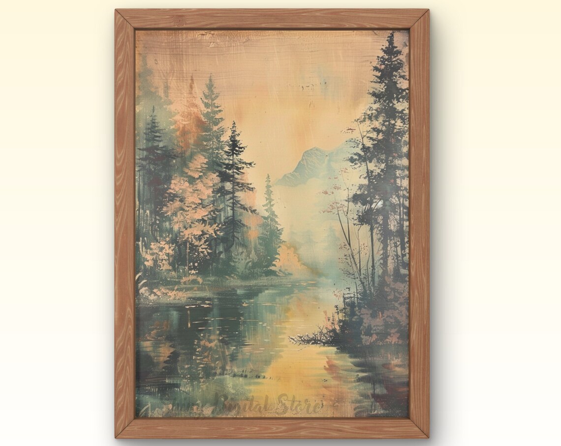 Misty Pine Forest River Dawn Vintage Nature Landscape Painting Poster