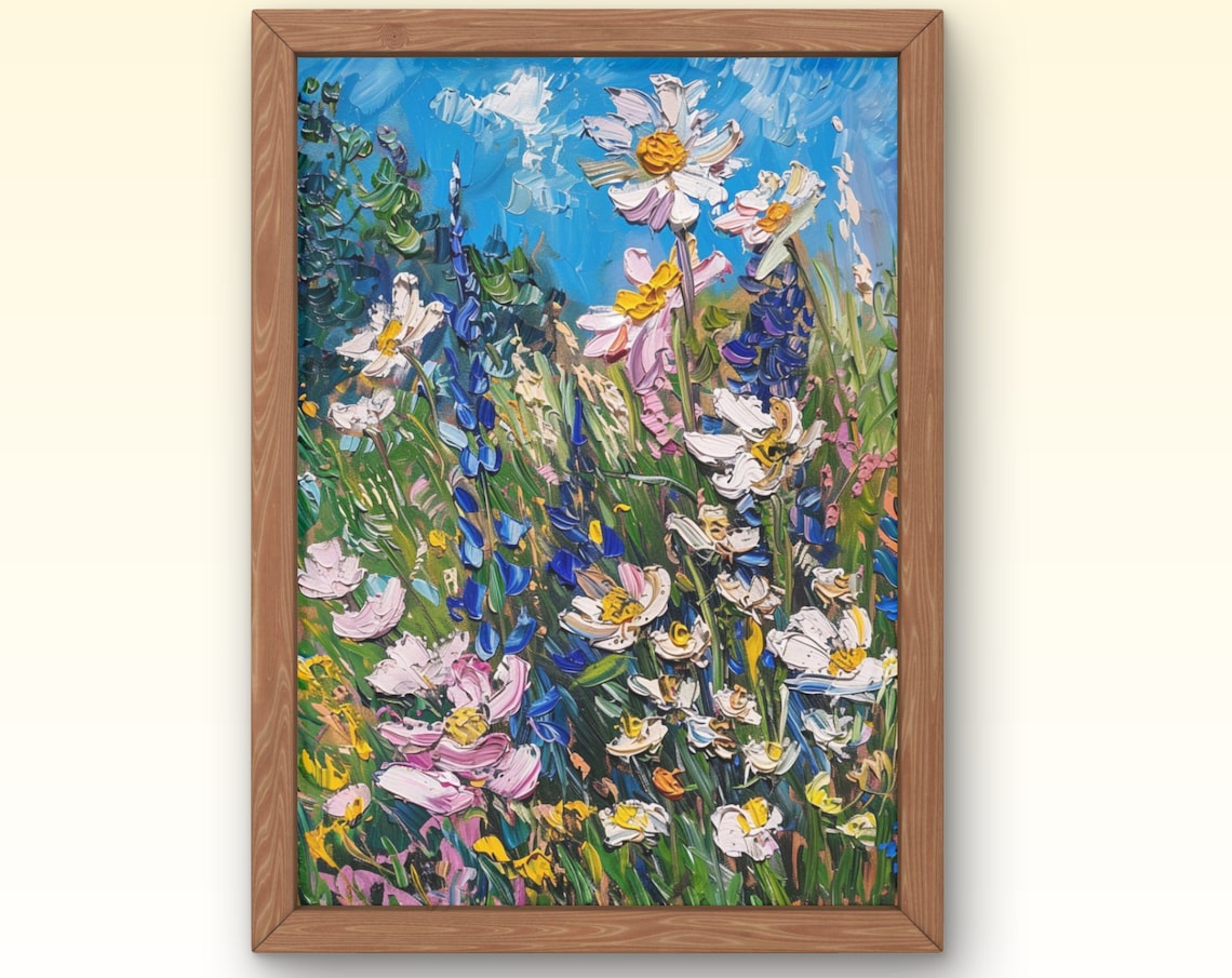 White Cosmos Blue Wildflowers Field Impasto Oil Painting Art Print
