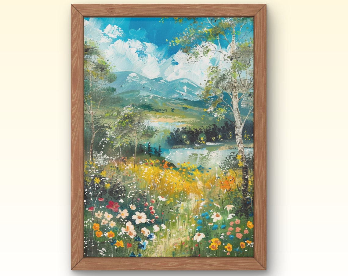 Wildflower Meadow Mountain Lake Birch Trees Summer Landscape Poster
