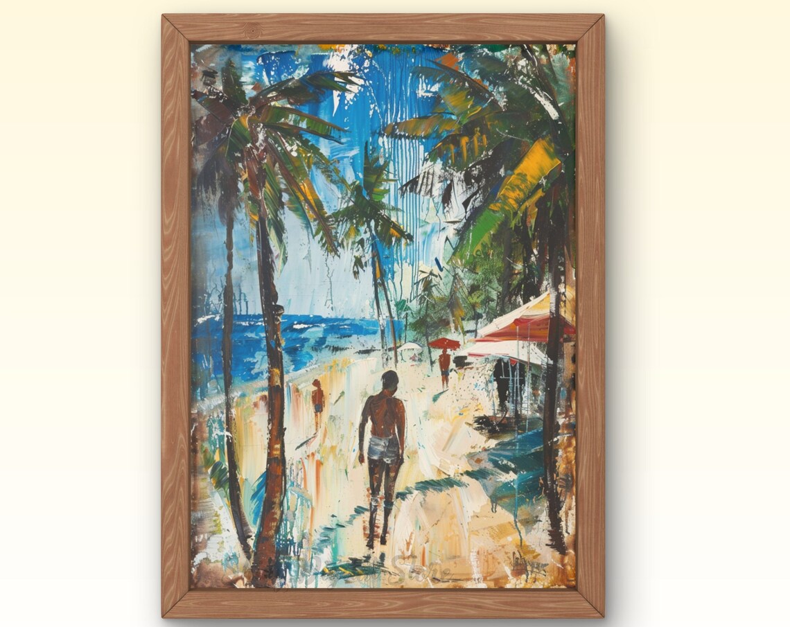 Tropical Palm Beach Figures Sunny Shore Coastal Oil Art Poster