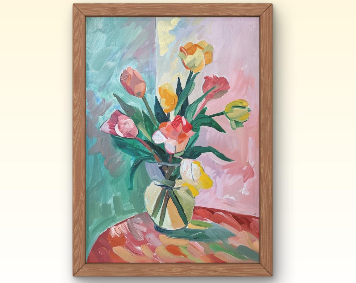 Pastel Tulips Bouquet in Glass Vase Impressionist Spring Flower Poster