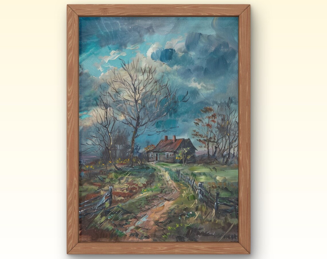 Moody Vintage Cottage Winter Trees Stormy Sky Antique Poster