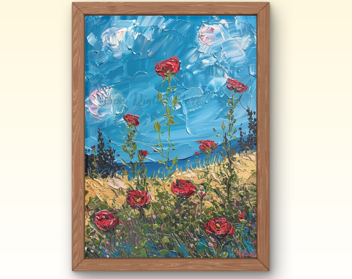 Red Roses Reaching Bright Blue Sky Van Gogh Style Impasto Art Poster