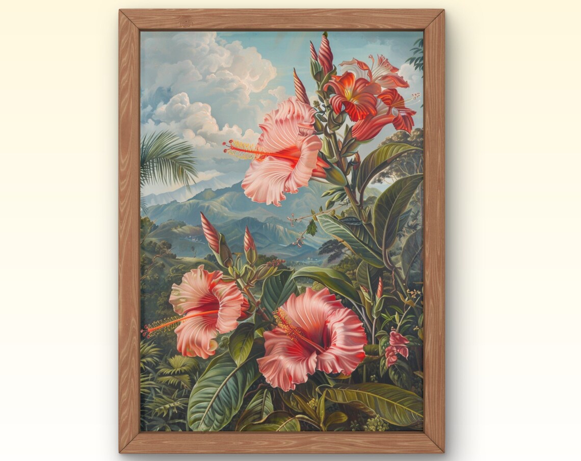 Pink Hibiscus Tropical Botanical Vintage Flower Garden Wall Poster