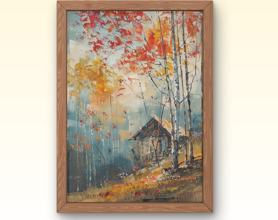 Autumn Birch Forest Cabin Fall Foliage Orange Red Trees Poster