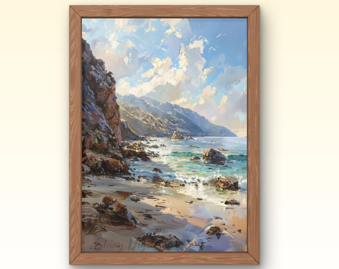Rocky Coastal Cove Cliffs Sunlit Waves Oil Painting Beach Poster