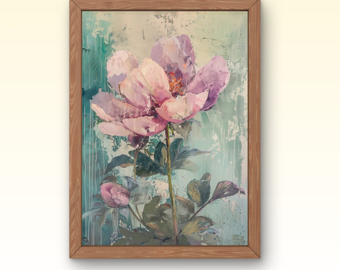 Lavender Pink Rose Painting Teal Background Impressionist Floral Print