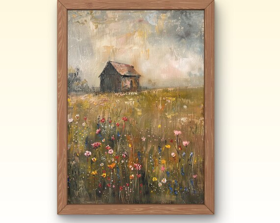 Moody Wildflower Field Vintage Landscape Painting Spring Print Farmhouse Print Moody Wall Art Spring Art Muted Tone