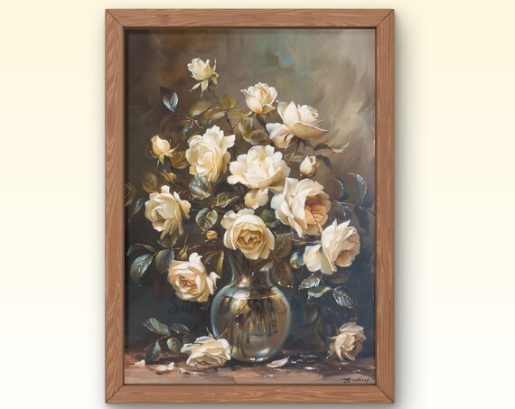 Dark Academia Prints Vintage Dark Flower Print Dark Academia Painting White Roses Moody Roses Still Life Oil Painting Art