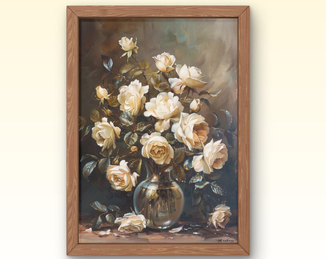 Dark Academia Prints Vintage Dark Flower Print Dark Academia Painting White Roses Moody Roses Still Life Oil Painting Art
