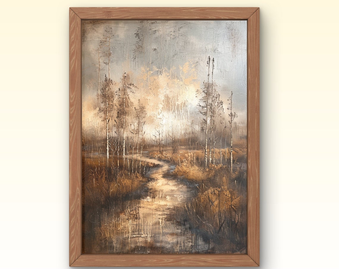 Misty Autumn River Marsh Birch Trees Golden Landscape Painting Poster