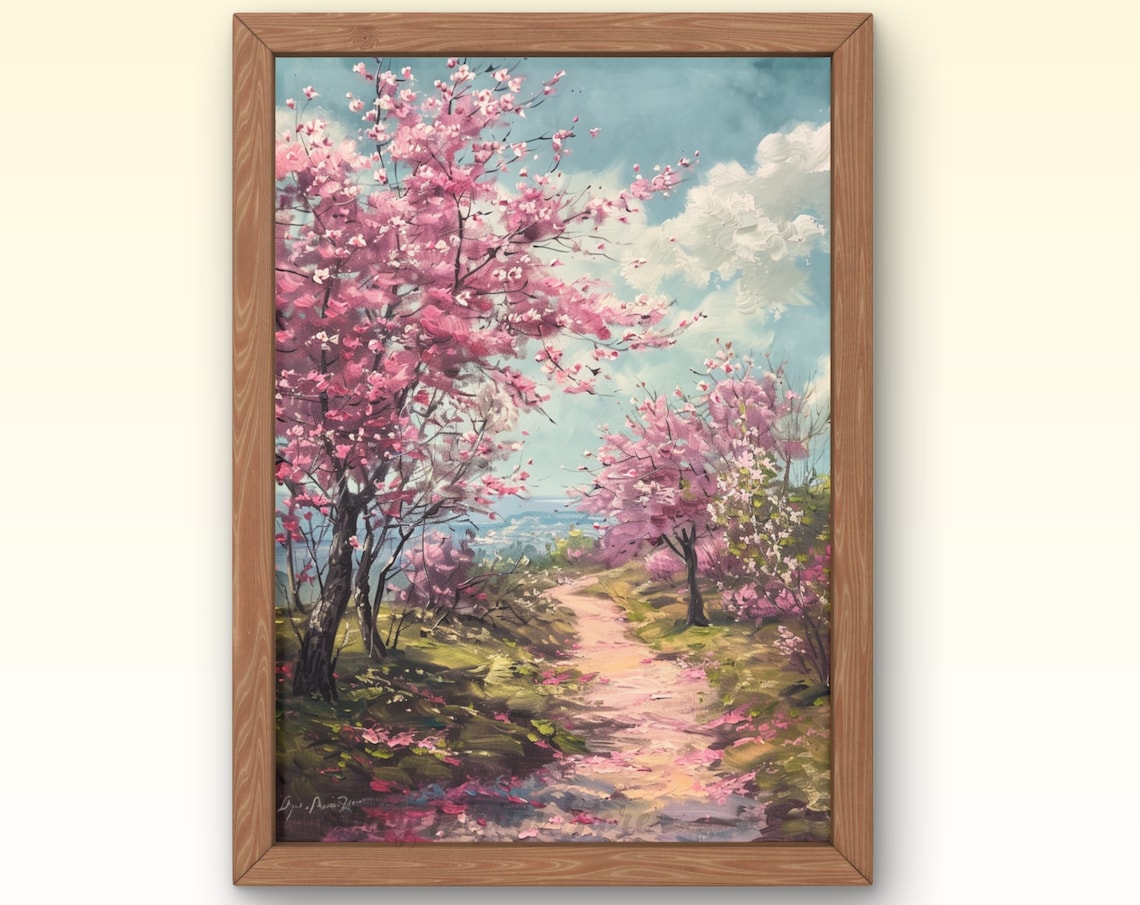 Pink Cherry Blossom Path To Sea Spring Landscape Oil Painting Poster
