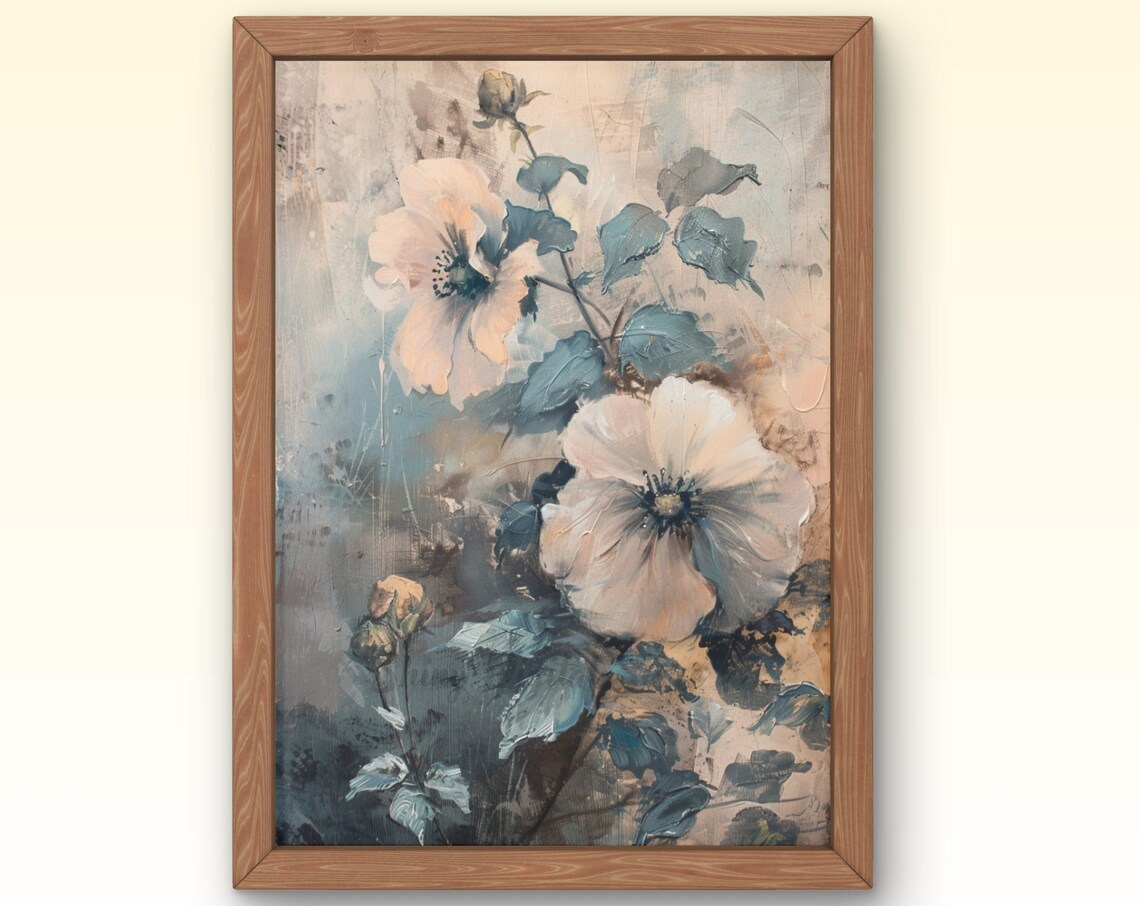 White Hollyhock Blooms Muted Blue Vintage Floral Painting Wall Poster