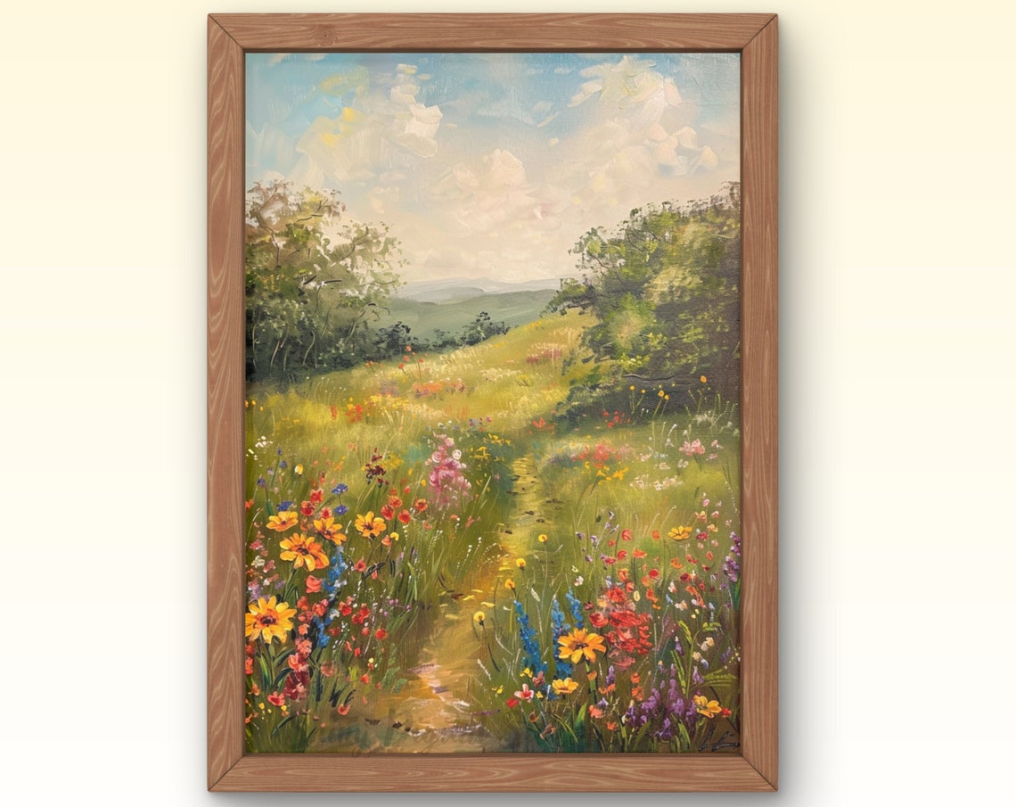 Wildflower Field Landscape Oil Painting Vintage Farm House Country Field Landscape Oil Painting Art