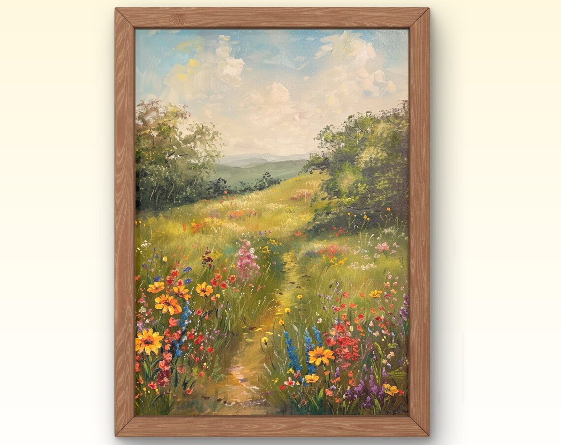 Wildflower Meadow Path Summer Hills Oil Painting Colorful Wall Art
