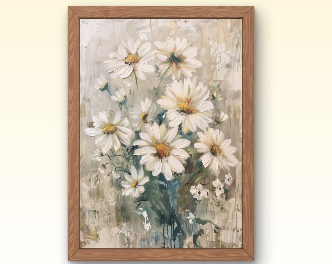Wildflower Field Landscape Oil Painting Vintage Floral Farmhouse Spring Daisies Neutral Wall Art Print Mothers Day 2024