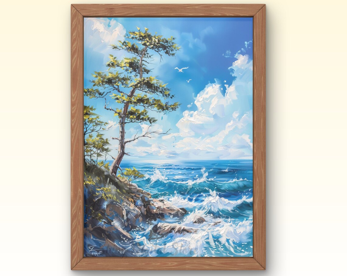 Windswept Pine Tree Cliff Ocean Waves Seascape Oil Painting Poster