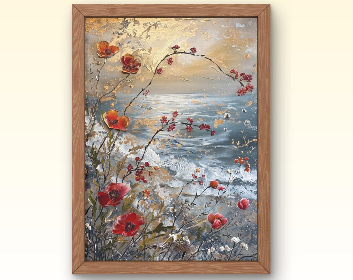 Red Poppies Ocean Cliff Sunset Golden Impasto Floral Beach Poster