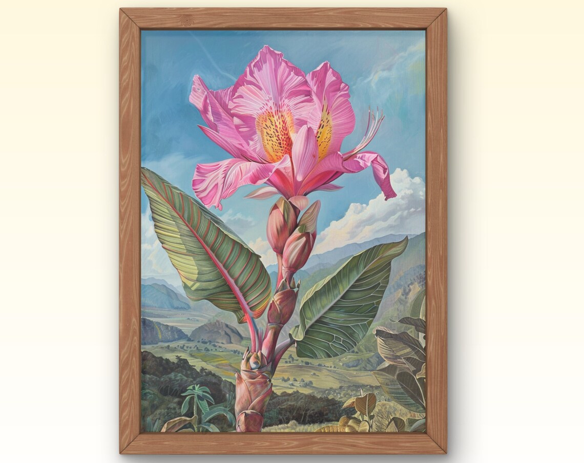 Tropical Pink Flower Banana Leaves Mountain Landscape Botanical Print