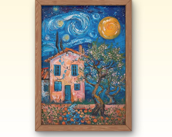 Van Gogh Starry Night Cottage Swirling Sky Night Lights Art Poster