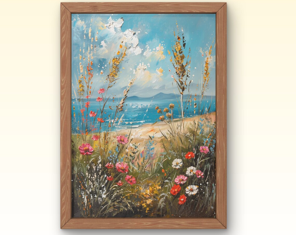 Coastal Wildflowers Blue Sea Mountain View Summer Landscape Poster