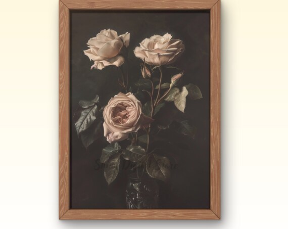 Dark Flower Painting Art Moody Floral Dark Academia Wall Art Print Vintage Moody Painting Roses Antique Print Art