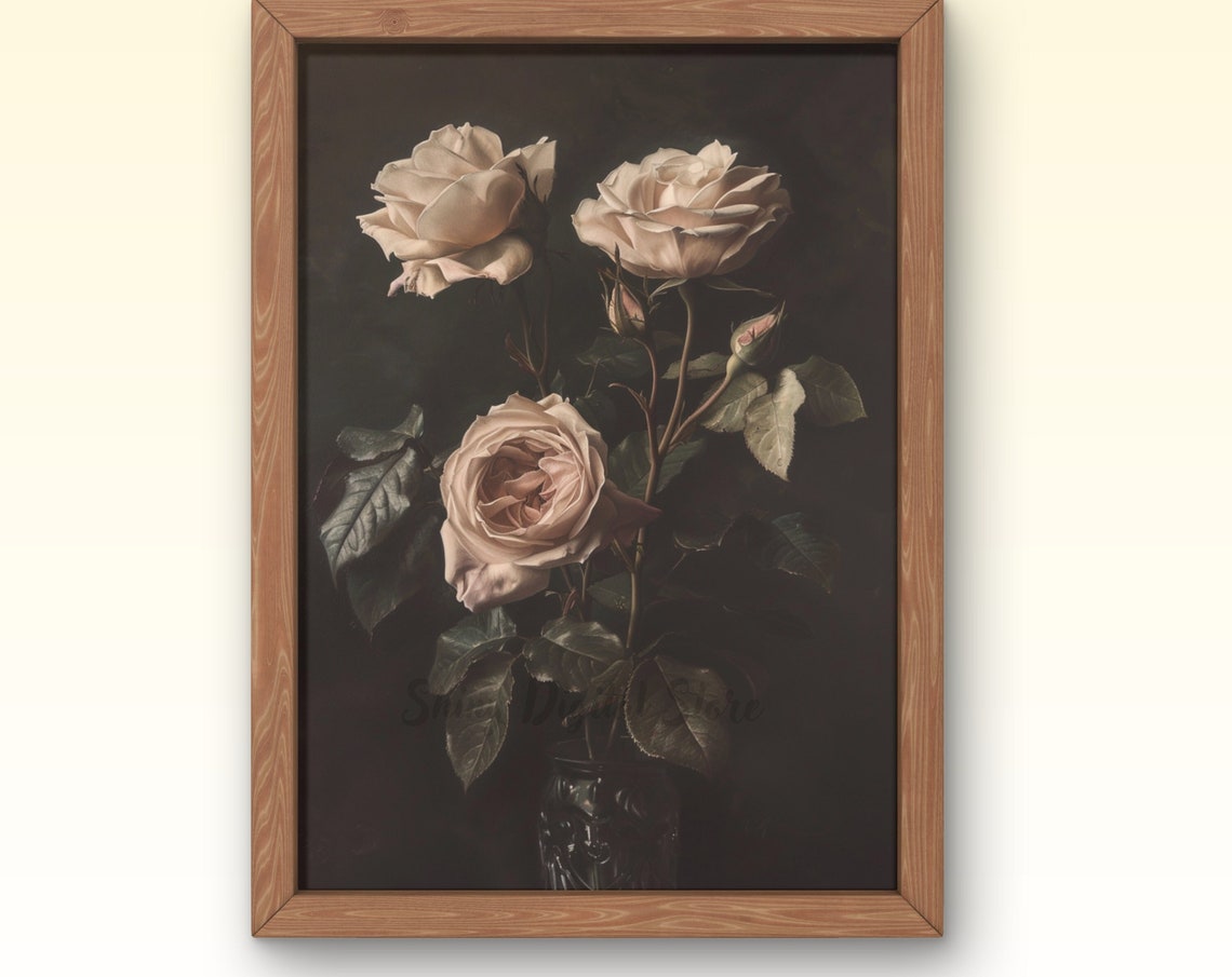 Dark Flower Painting Art Moody Floral Dark Academia Wall Art Print Vintage Moody Painting Roses Antique Print Art