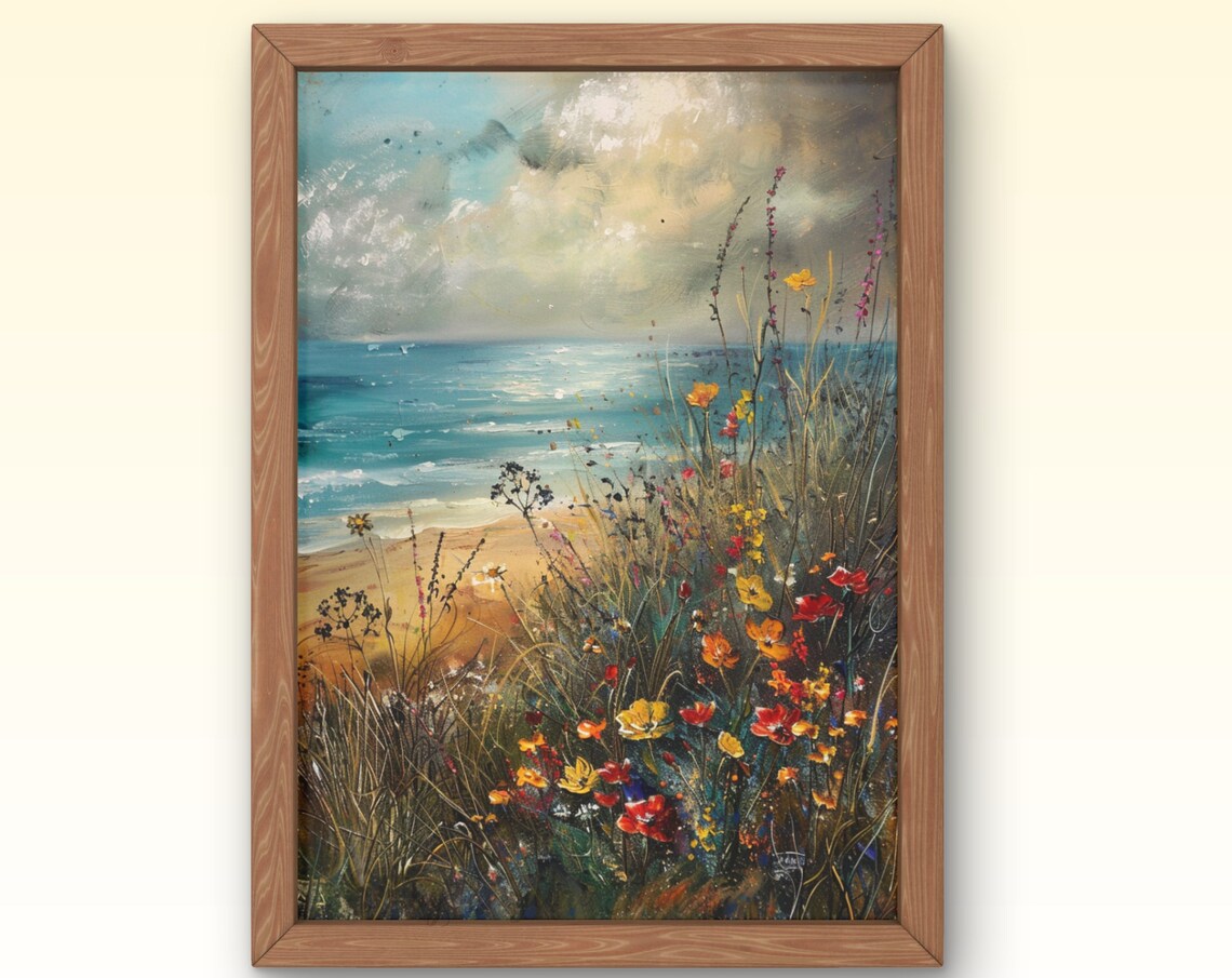Coastal Wildflowers By Ocean Beach Colorful Meadow Seascape Poster