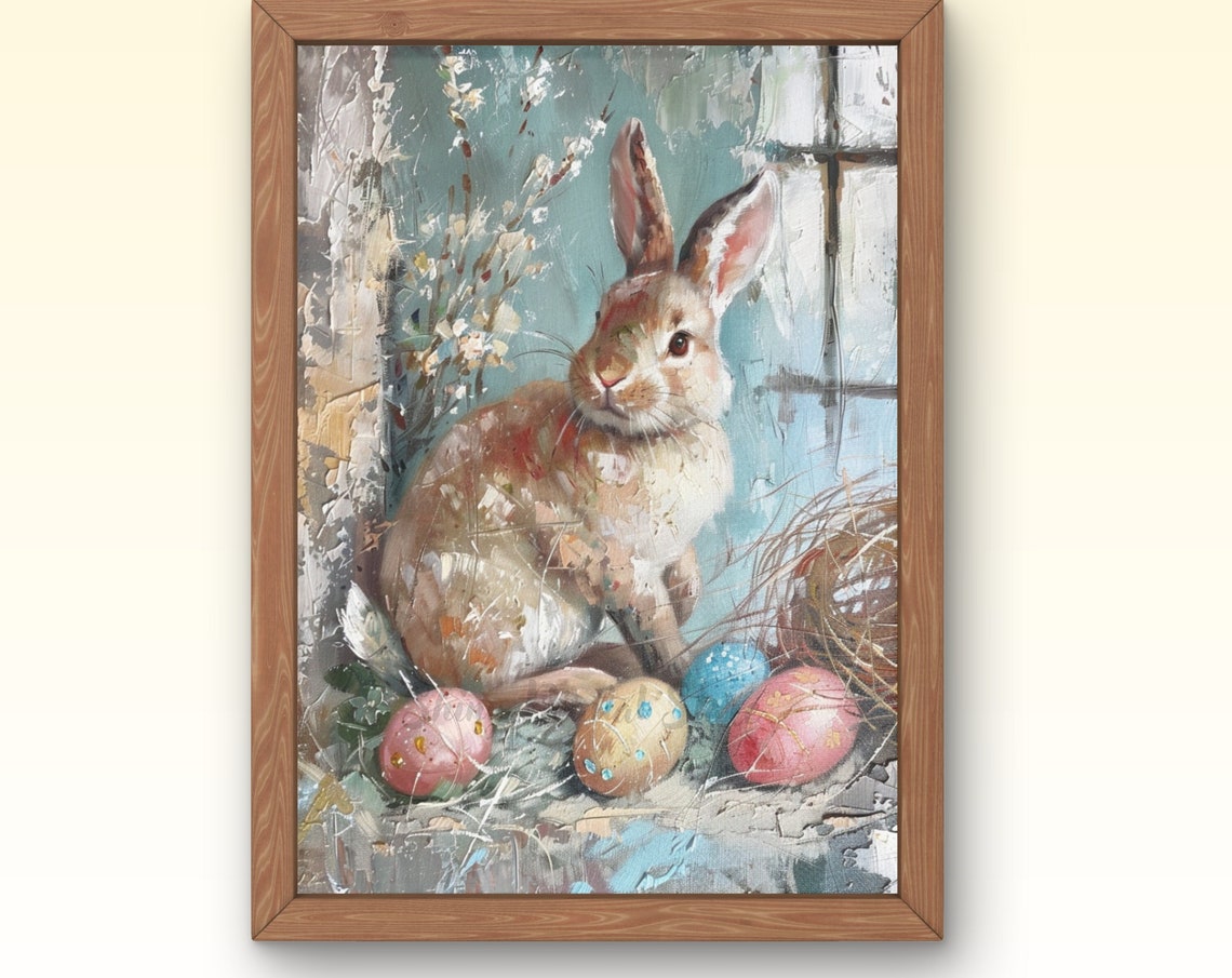 Vintage Easter Bunny with Painted Eggs Rustic Spring Holiday Wall Art