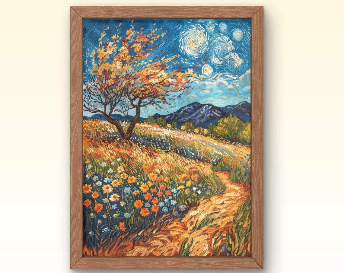 Van Gogh Inspired Wildflower Meadow Orange Tree Starry Night Art Print