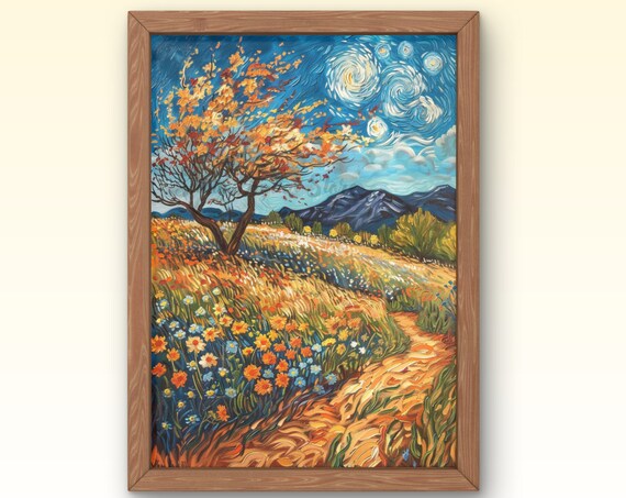 Wildflower Field Landscape Vintage Painting Moody Spring Decor Farmhouse Print Neutral Wall Art Spring Art