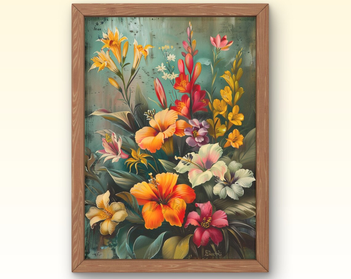 Tropical Hibiscus Lily Bouquet Retro Teal Vintage Flower Art Poster