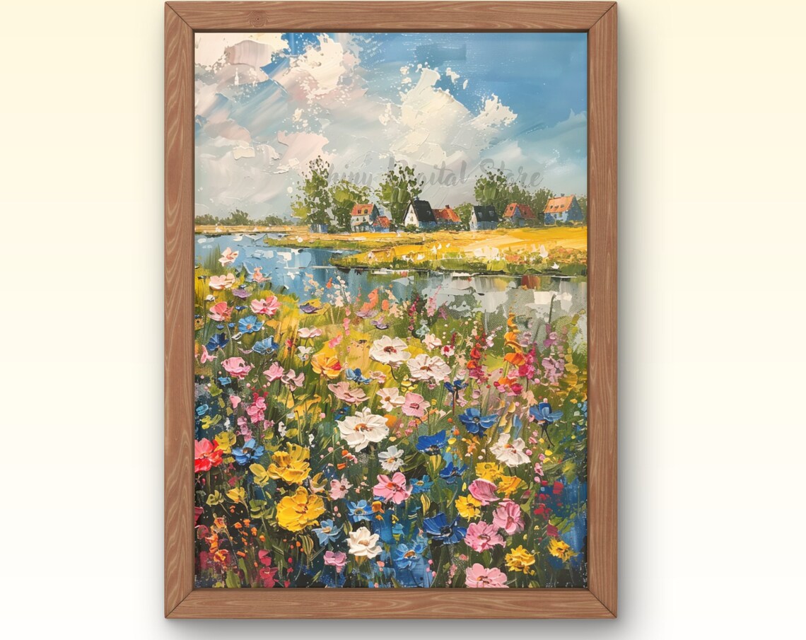 Colorful Flower Field Canal Village Summer Countryside Art Poster