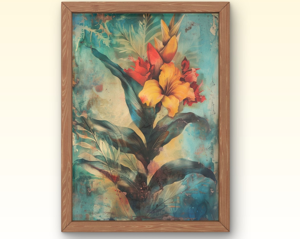 Golden Gladiola Blooms Teal Distressed Vintage Botanical Art Poster
