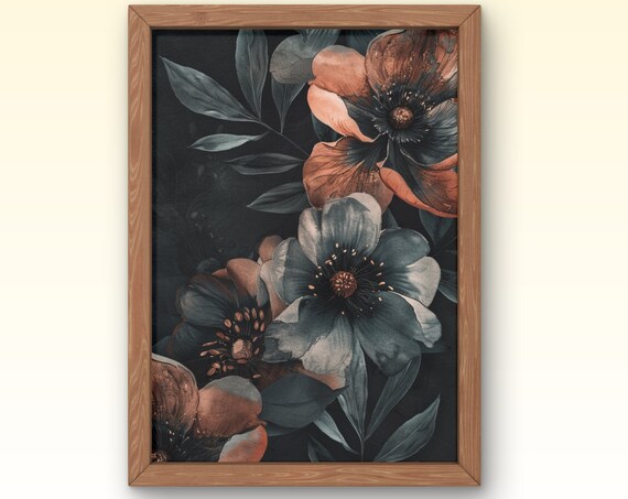 Vintage Moody Dark Flower Print Dark Academia Botanical Wall Art Floral Still Life Oil Painting Art