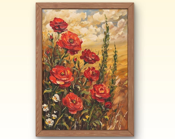 Vintage Red Rose Print Floral Wall Art Van Gogh Style Teal And Red Living Room Decor Farmhouse Country Style Art