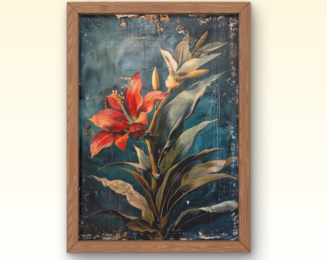 Red Amaryllis Lily Dark Teal Distressed Vintage Botanical Art Poster