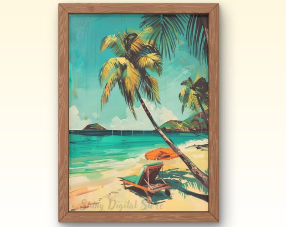 Vintage Beach House Wall Art Ocean Watercolor Painting Boho Beach Print Abstract Vintage Landscape Beach Art Color Palm Tree