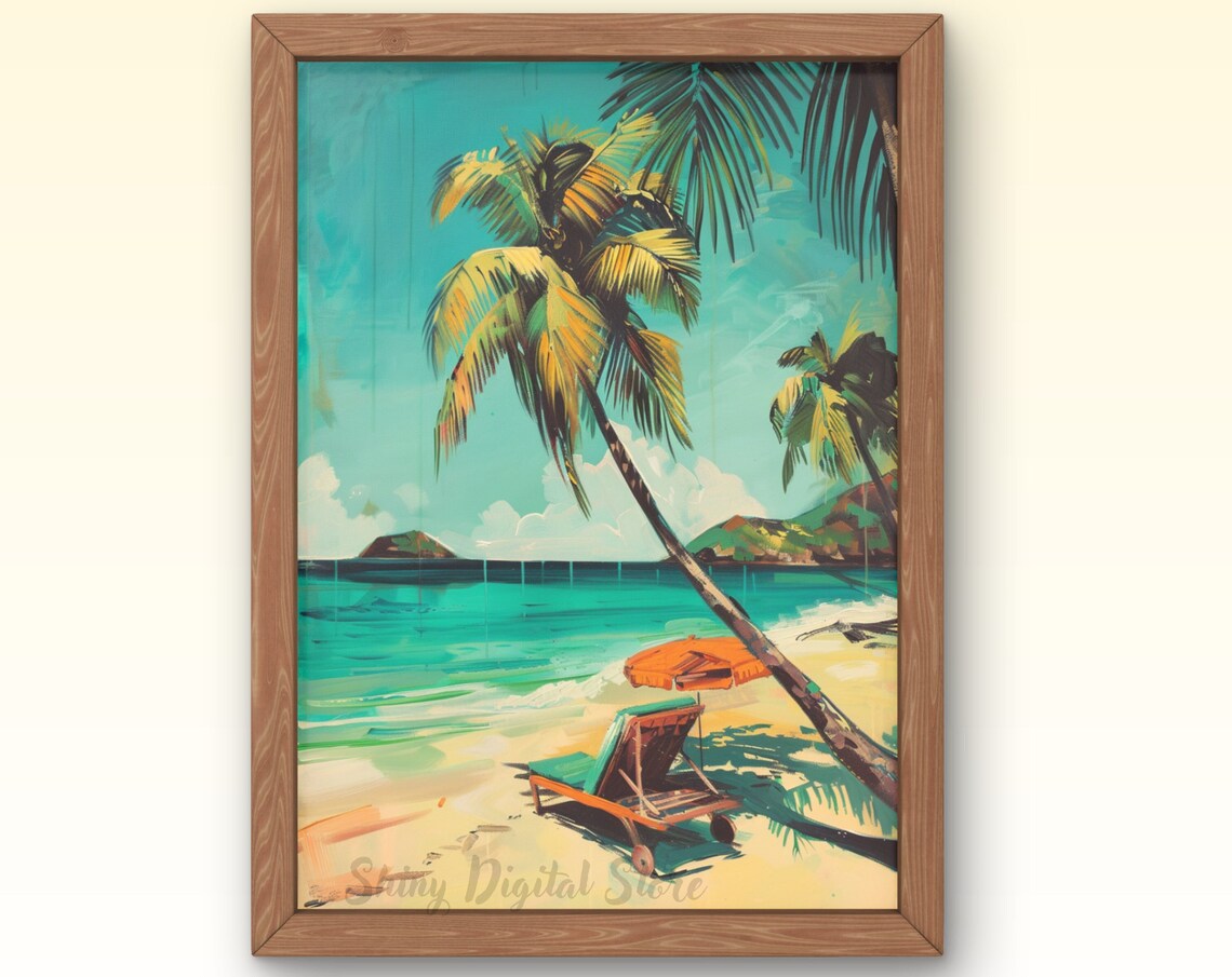 Tropical Palm Beach Lounge Chair Retro Turquoise Sea Travel Poster