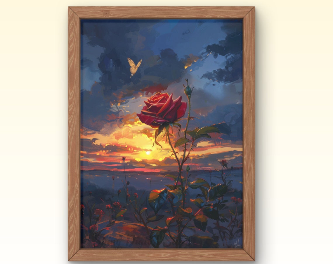 Red Rose Sunset Butterfly Painterly Romantic Floral Wall Poster