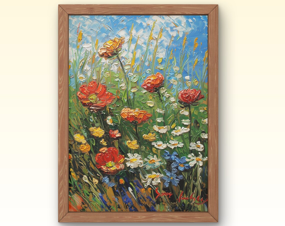 Red Poppy Daisy Wildflower Meadow Impasto Blue Sky Painting Art Poster